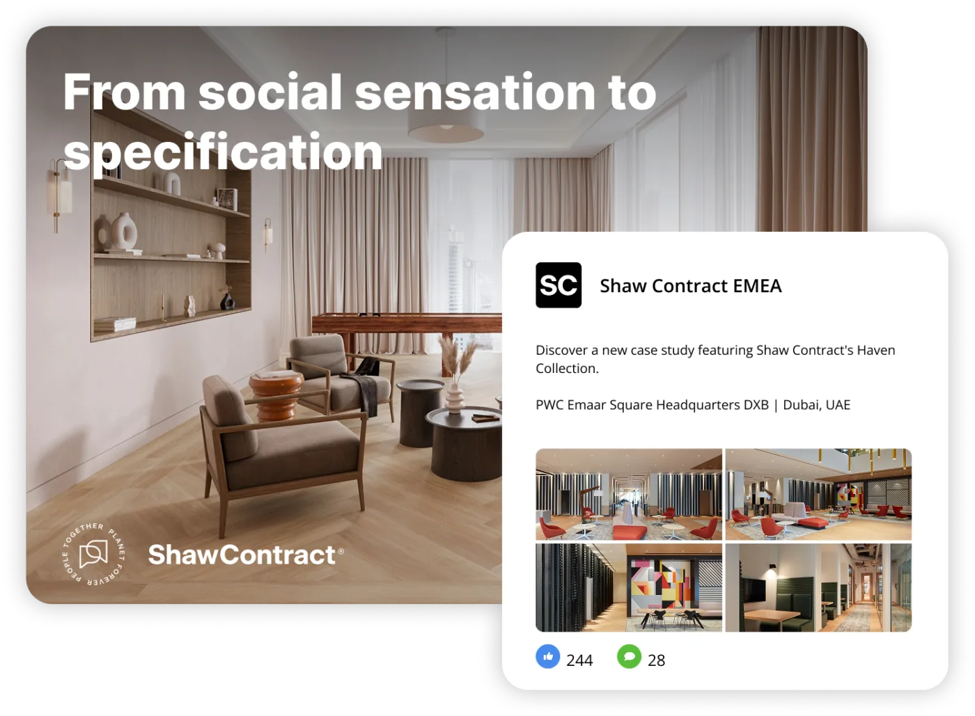 Social media campagne van Shaw Contract met interieurfoto en supportkaart