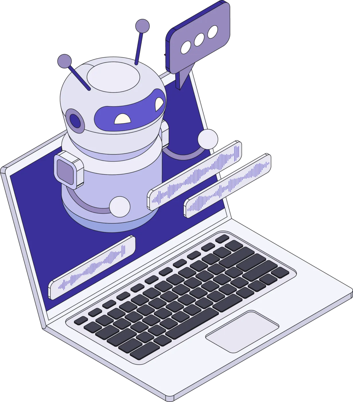 Illustratie van een zoekmachine-robot die uit een laptop komt