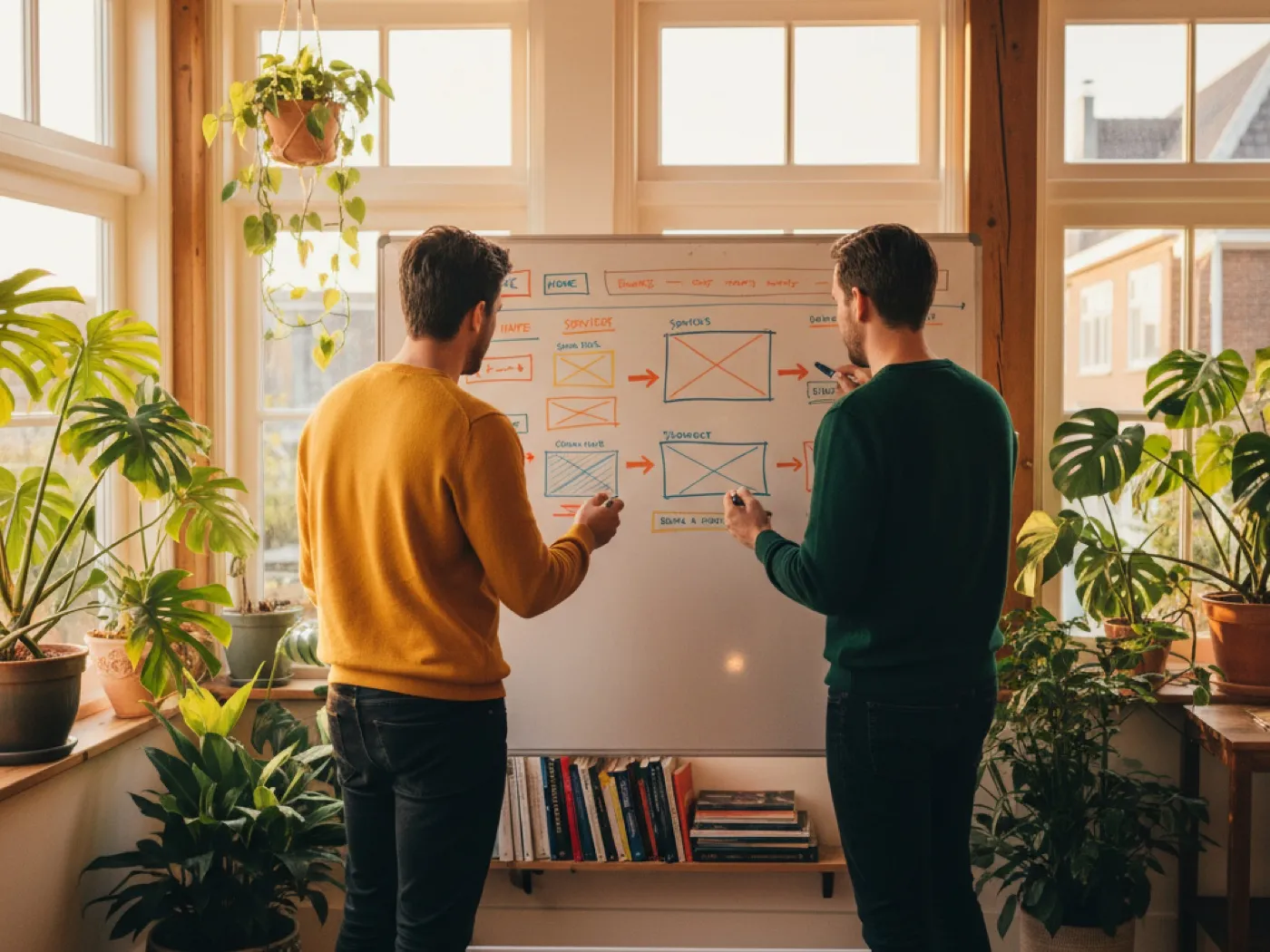Twee collega’s schetsen website-wireframes op een whiteboard