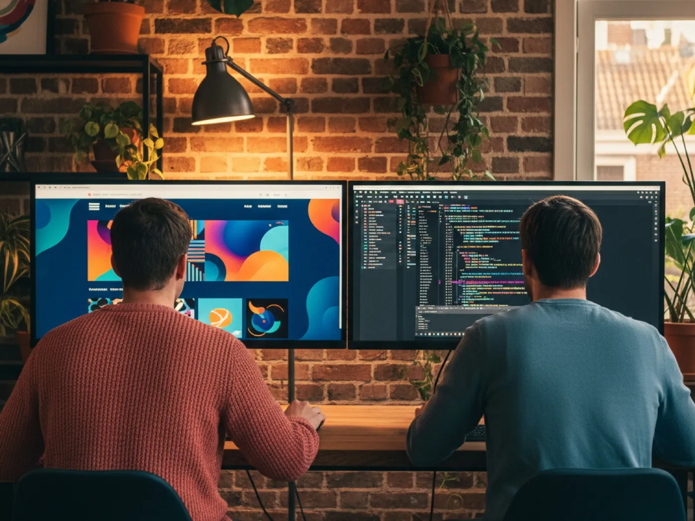 Developers werken aan webdesign en code op twee grote monitoren