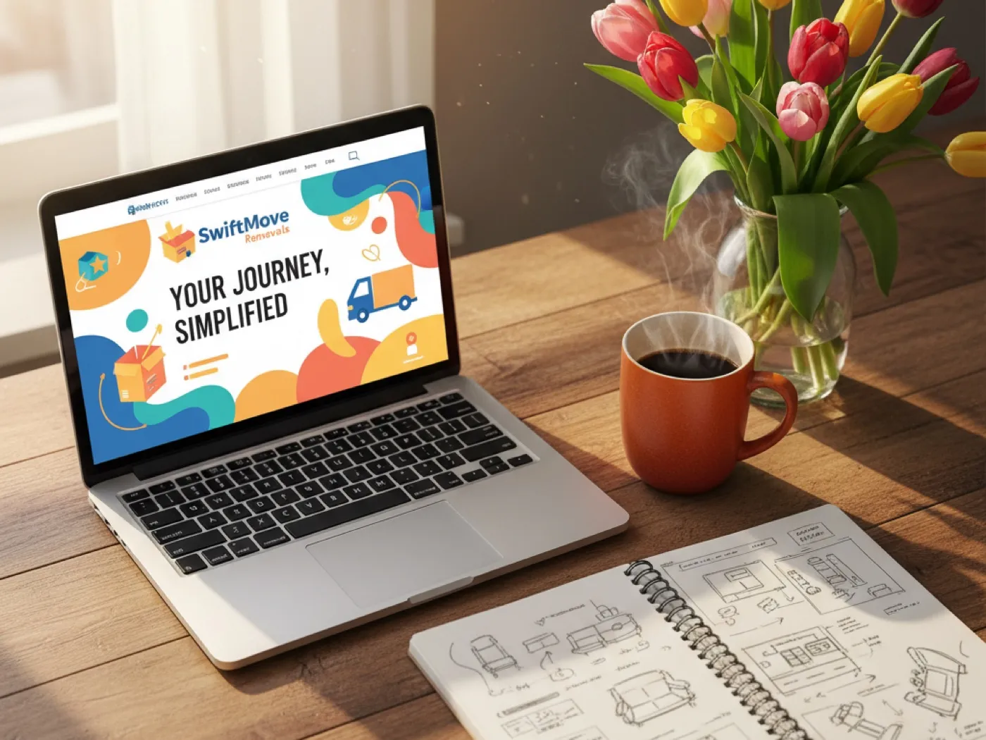 Laptop met klantwebsite naast een kop koffie en tulpen