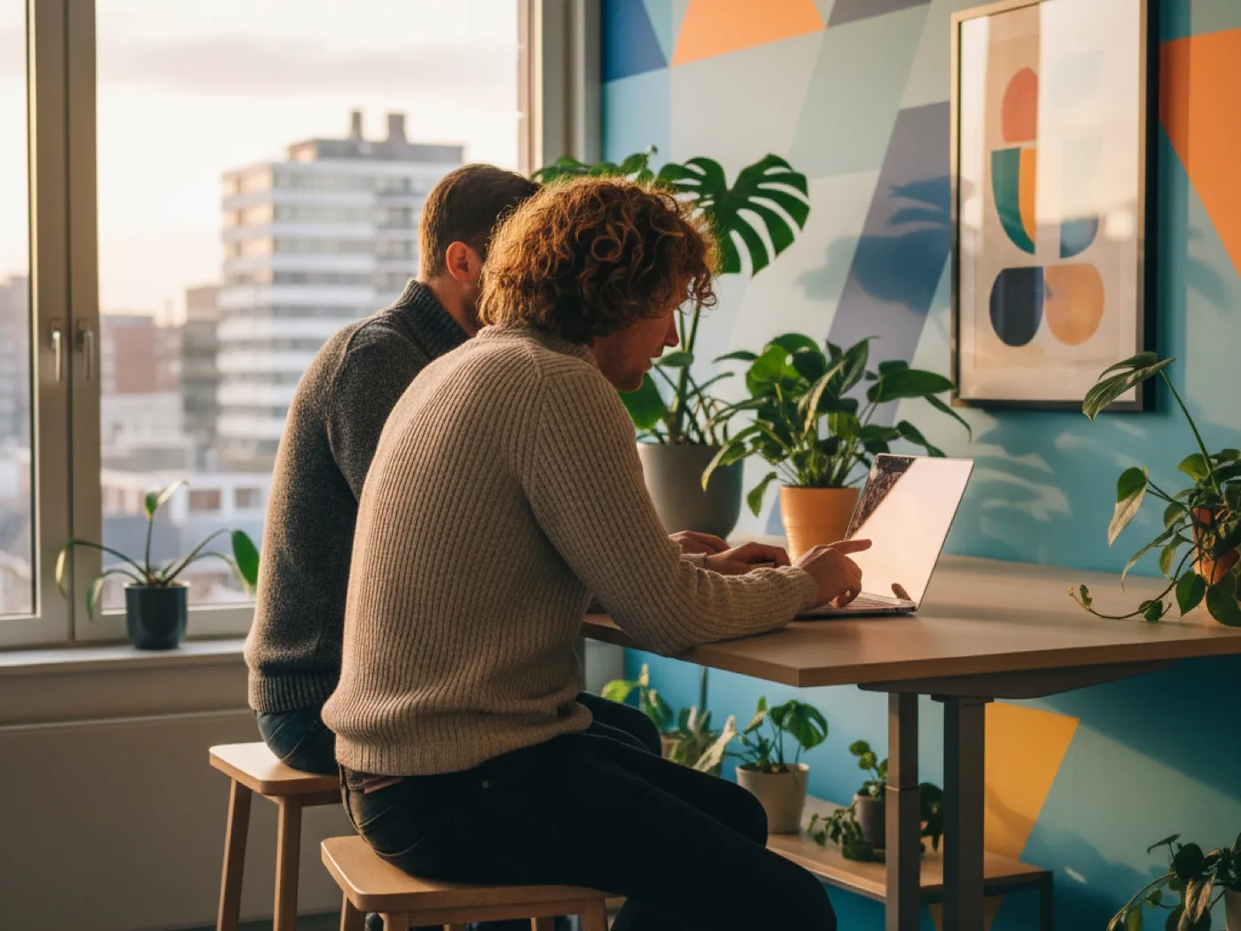 Twee collega’s bekijken samen een laptop aan een statafel