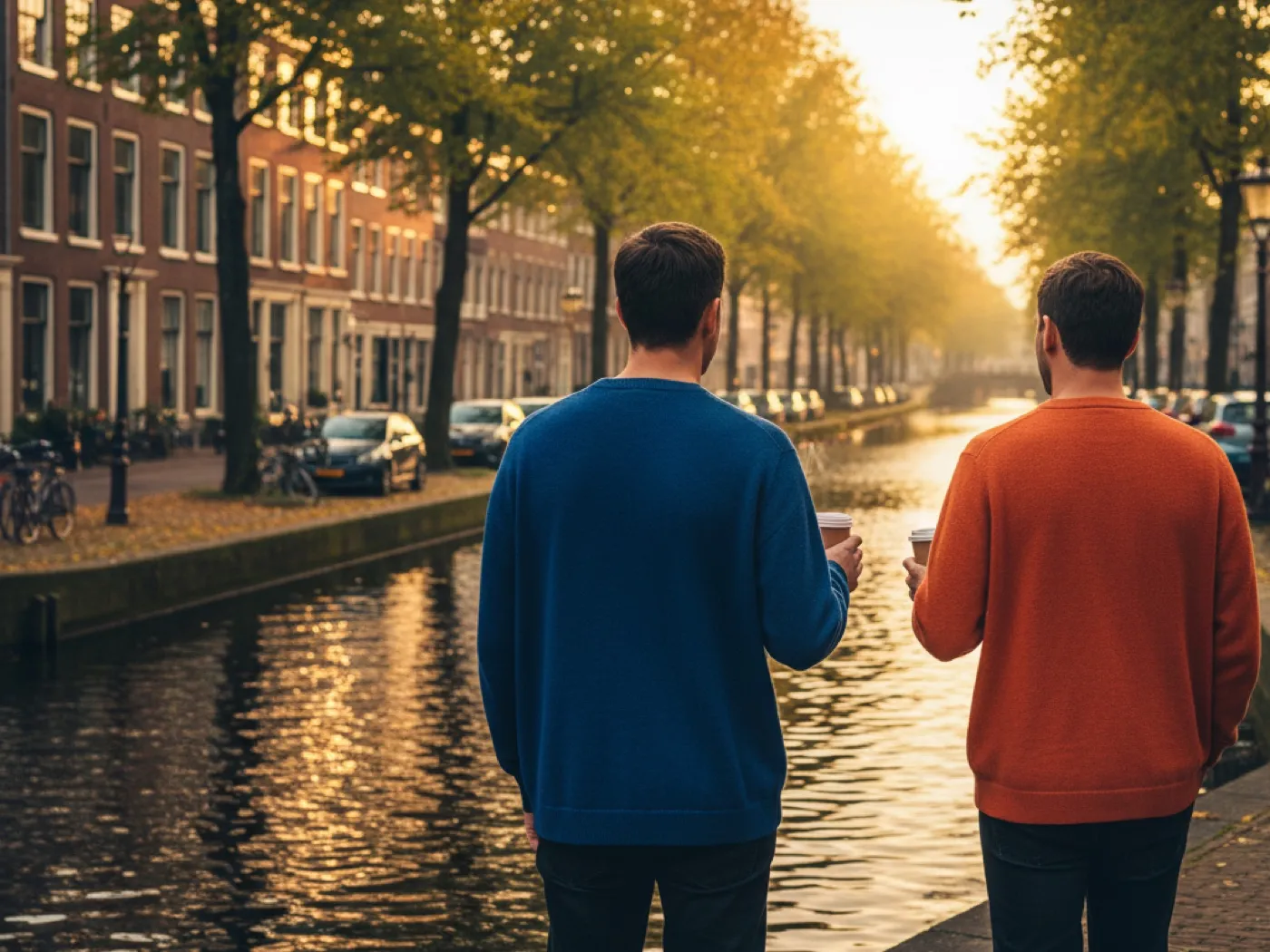 Twee mannen wandelen met koffie langs een gracht