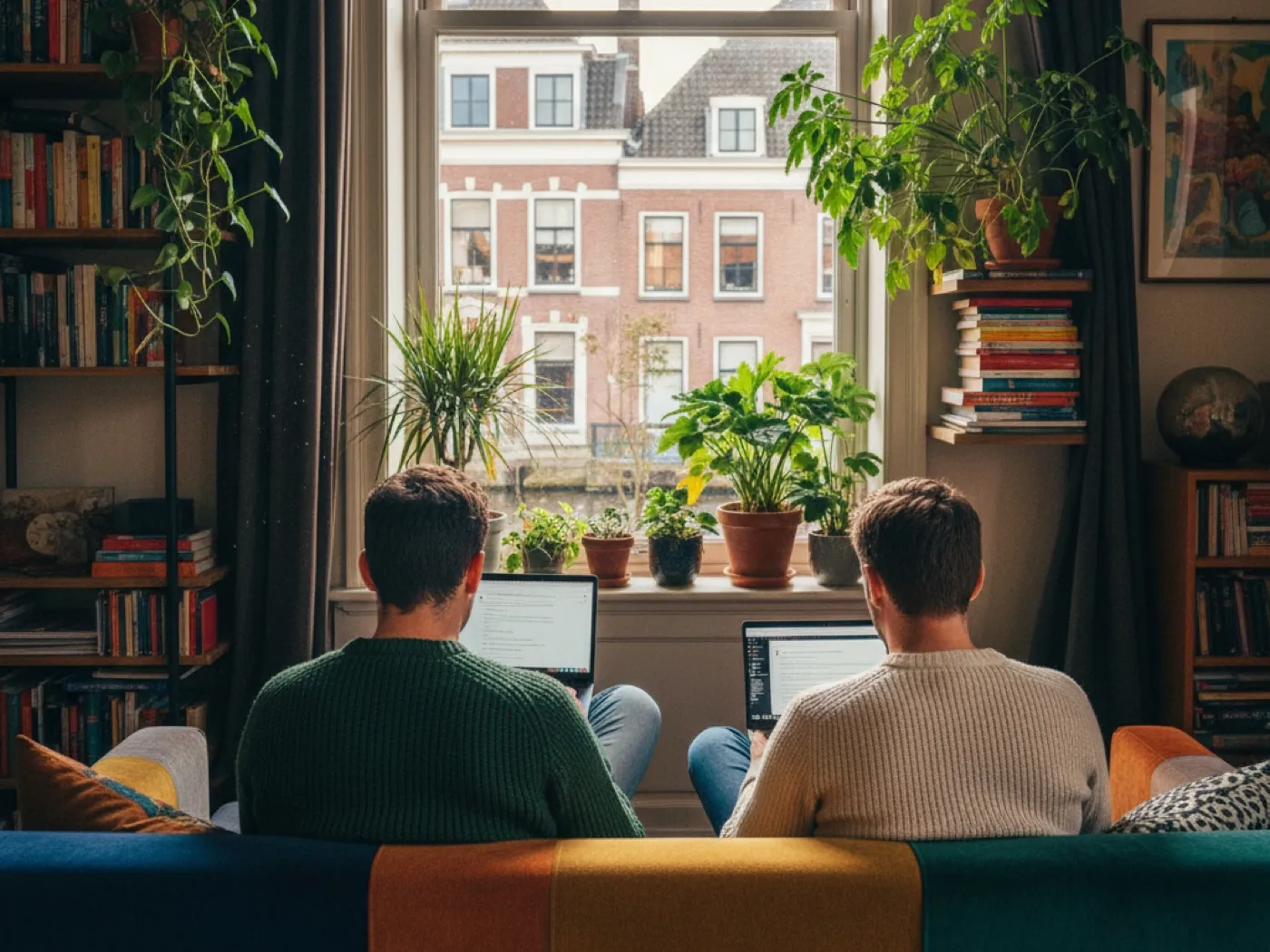 Twee developers werken op laptops voor een raam met Hollandse gevels