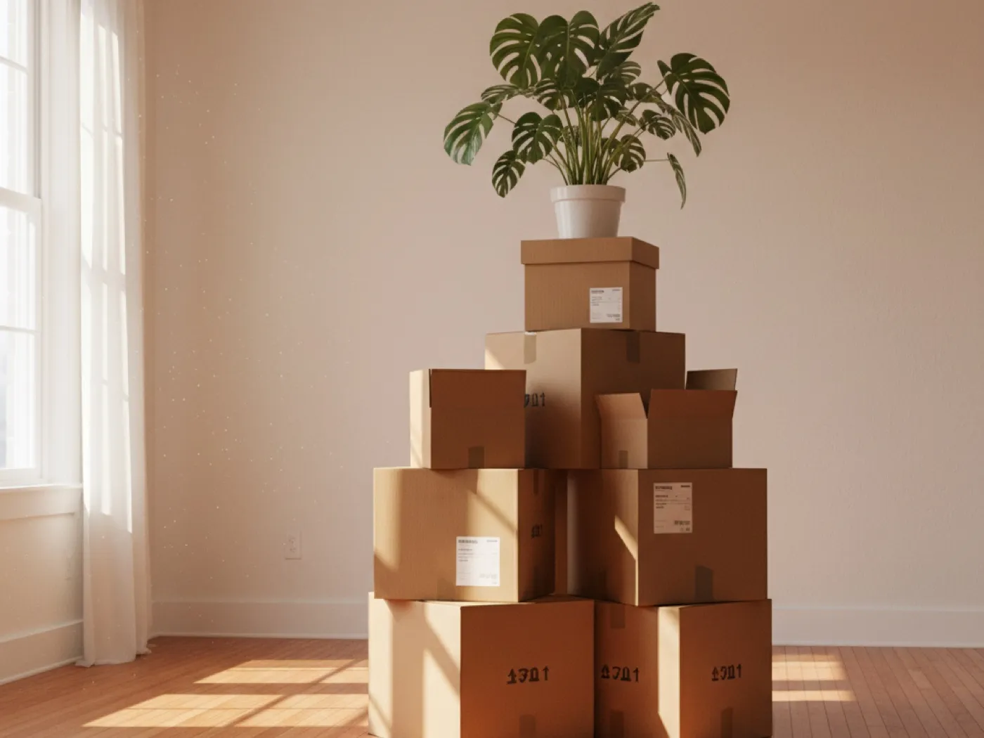 Stapel verhuisdozen met kamerplant in een lege kamer