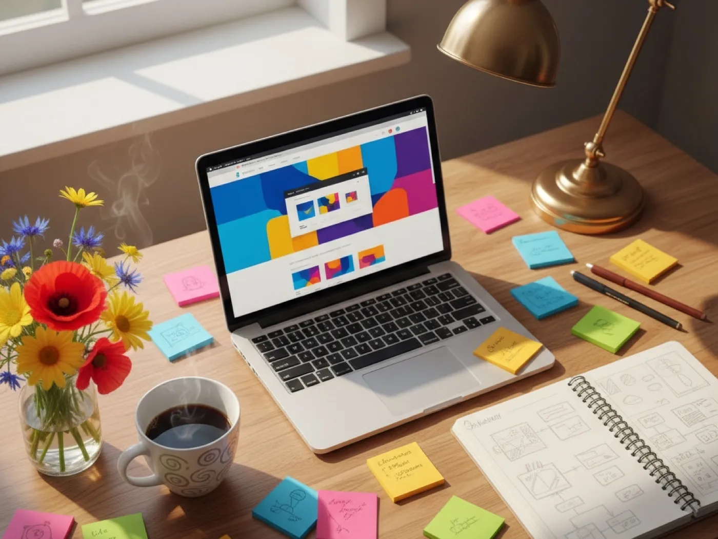 Werkplek met laptop, post-its en webdesign-schetsen