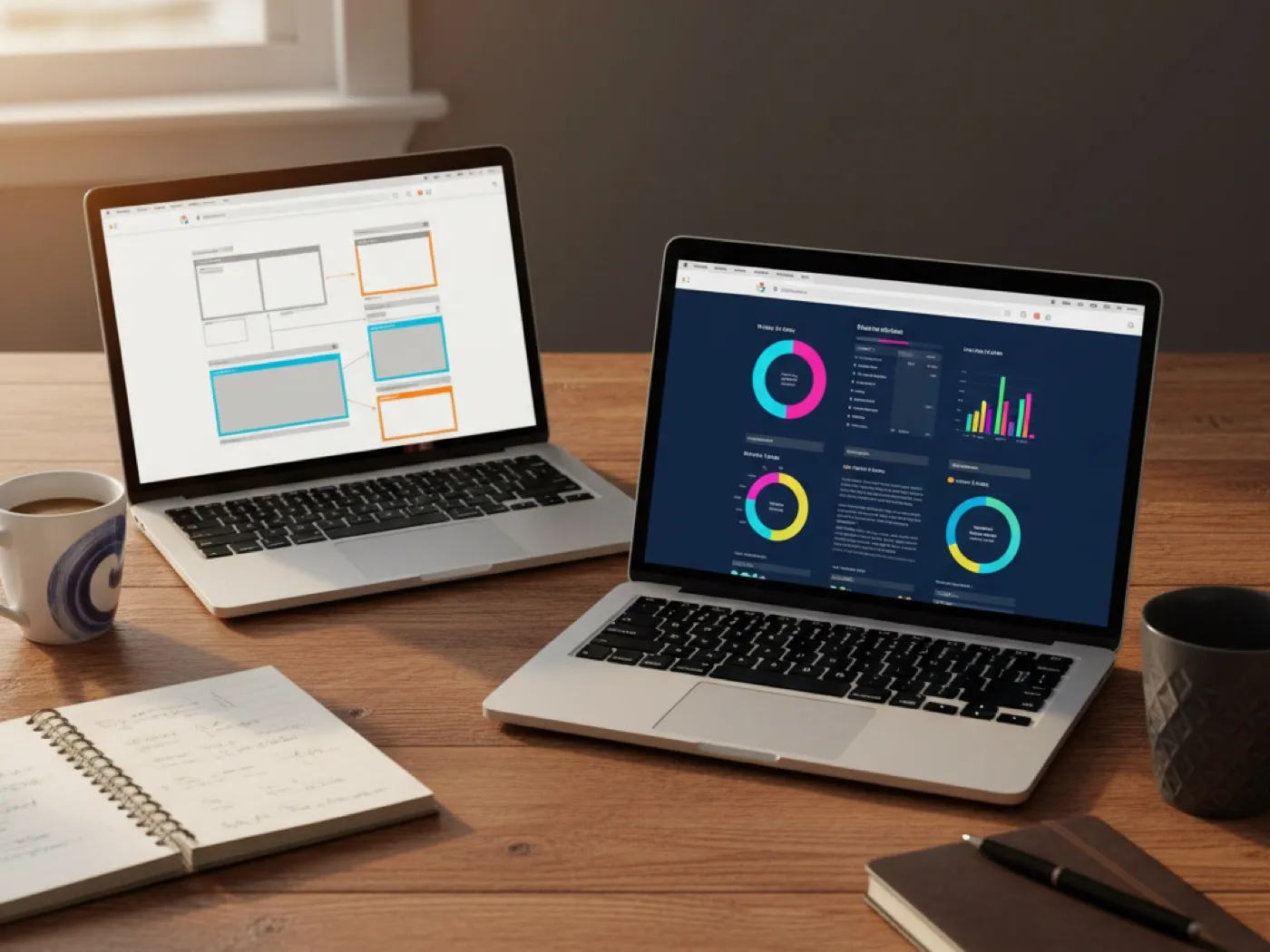 Twee laptops met website-wireframes en een analytics-dashboard
