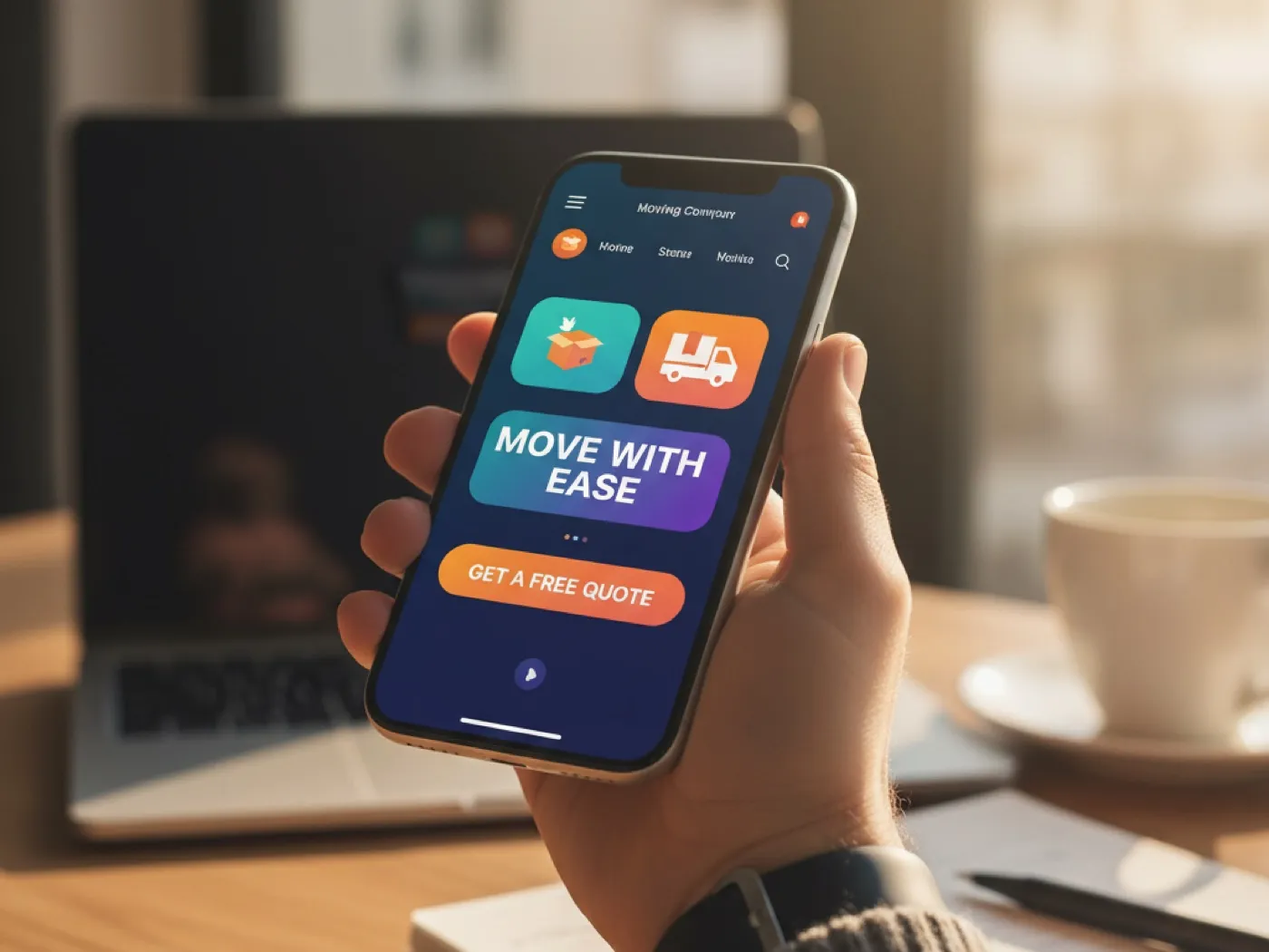 Hand houdt smartphone vast met de mobiele website van een verhuisbedrijf