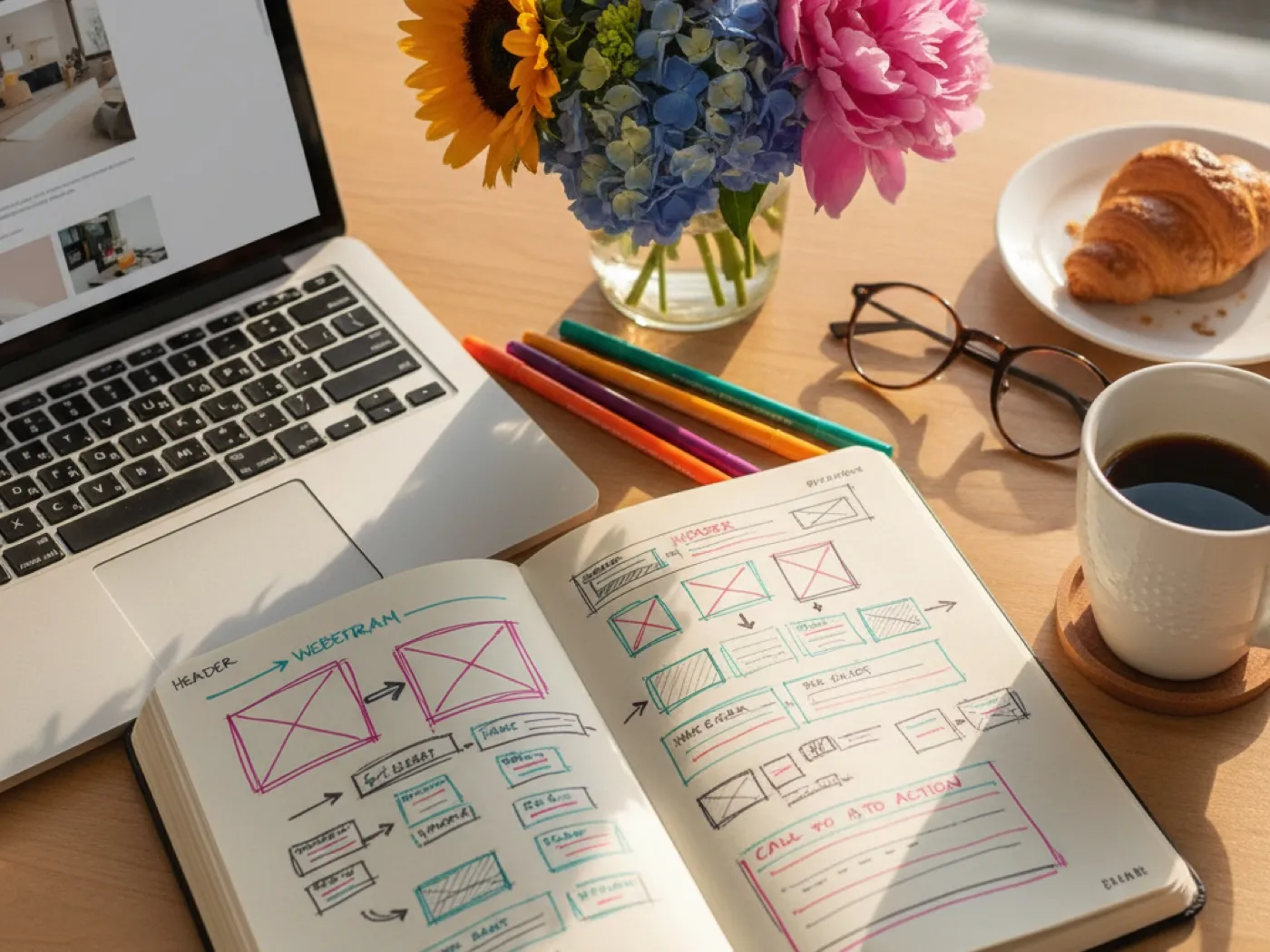 Notitieboek met website-wireframes naast een laptop