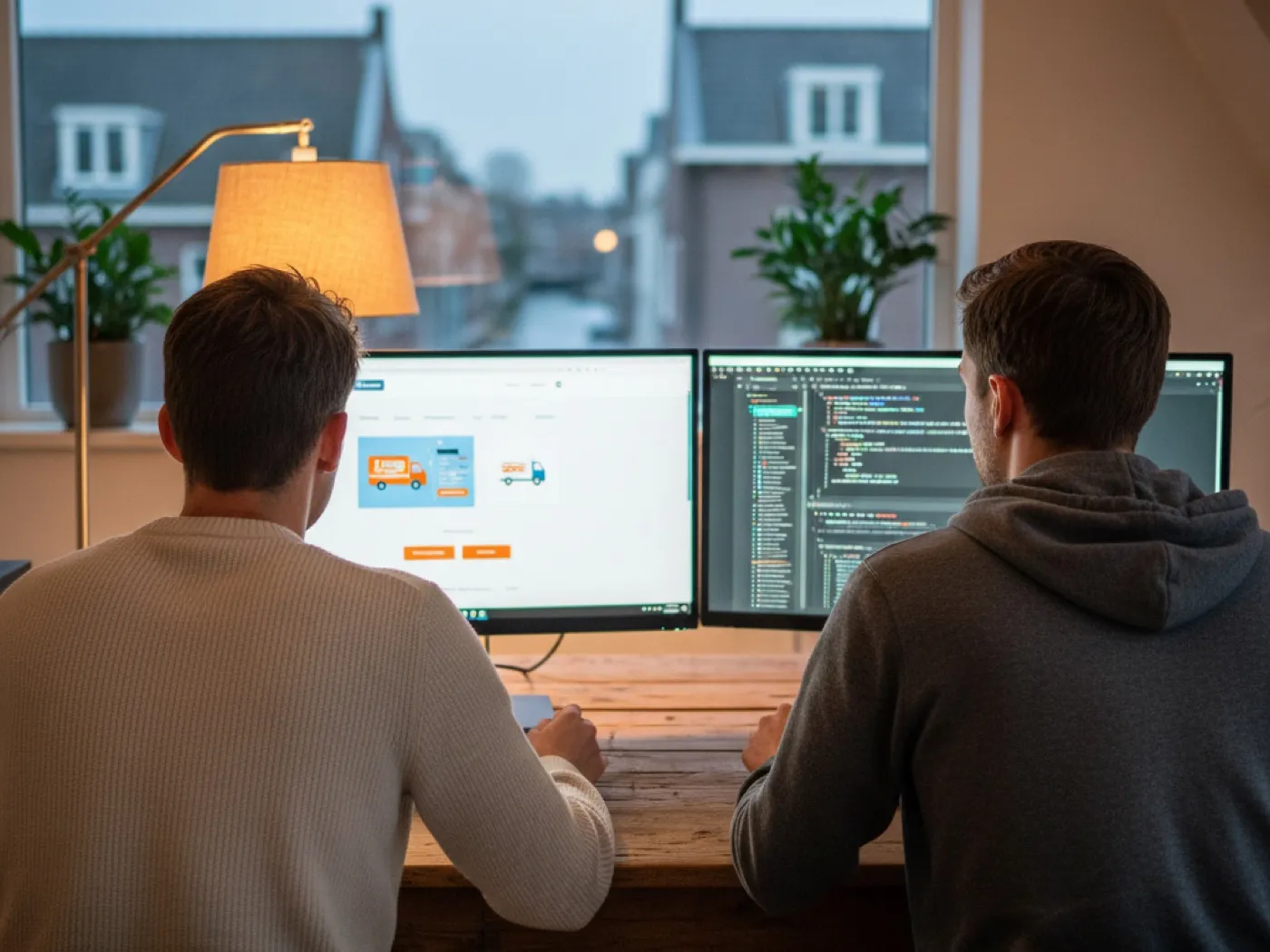 Twee developers van Webdevelopers werken aan code achter twee beeldschermen