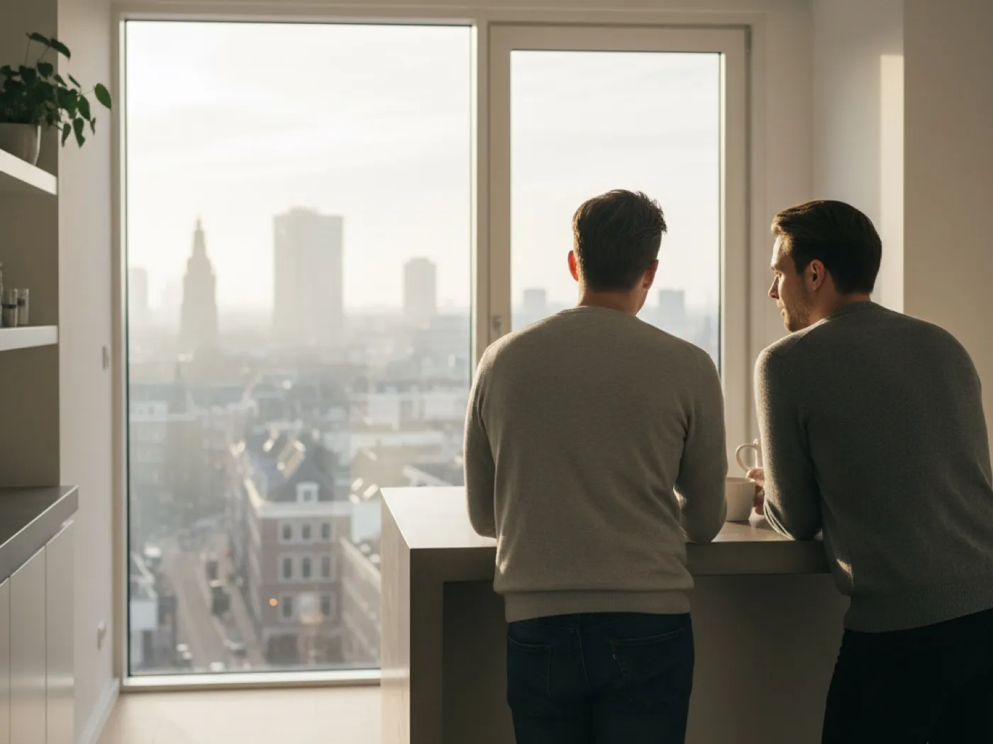 Twee teamleden drinken koffie met uitzicht over Den Haag