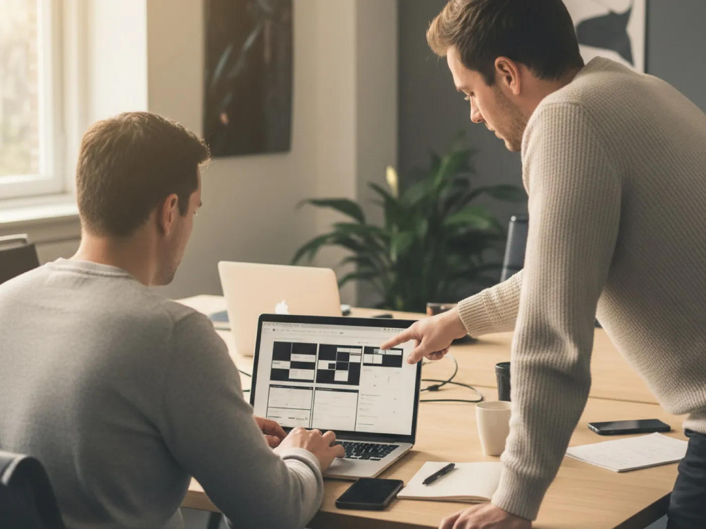 Twee developers overleggen samen achter een laptop